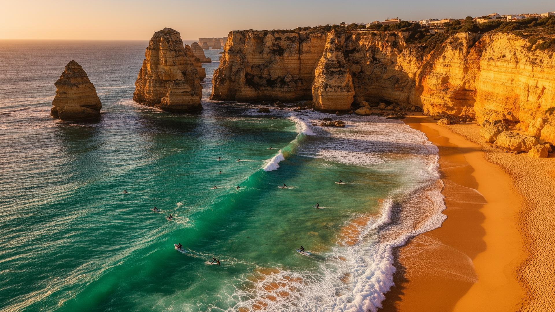 Surfers riding waves at a golden beach with dramatic Algarve cliffs